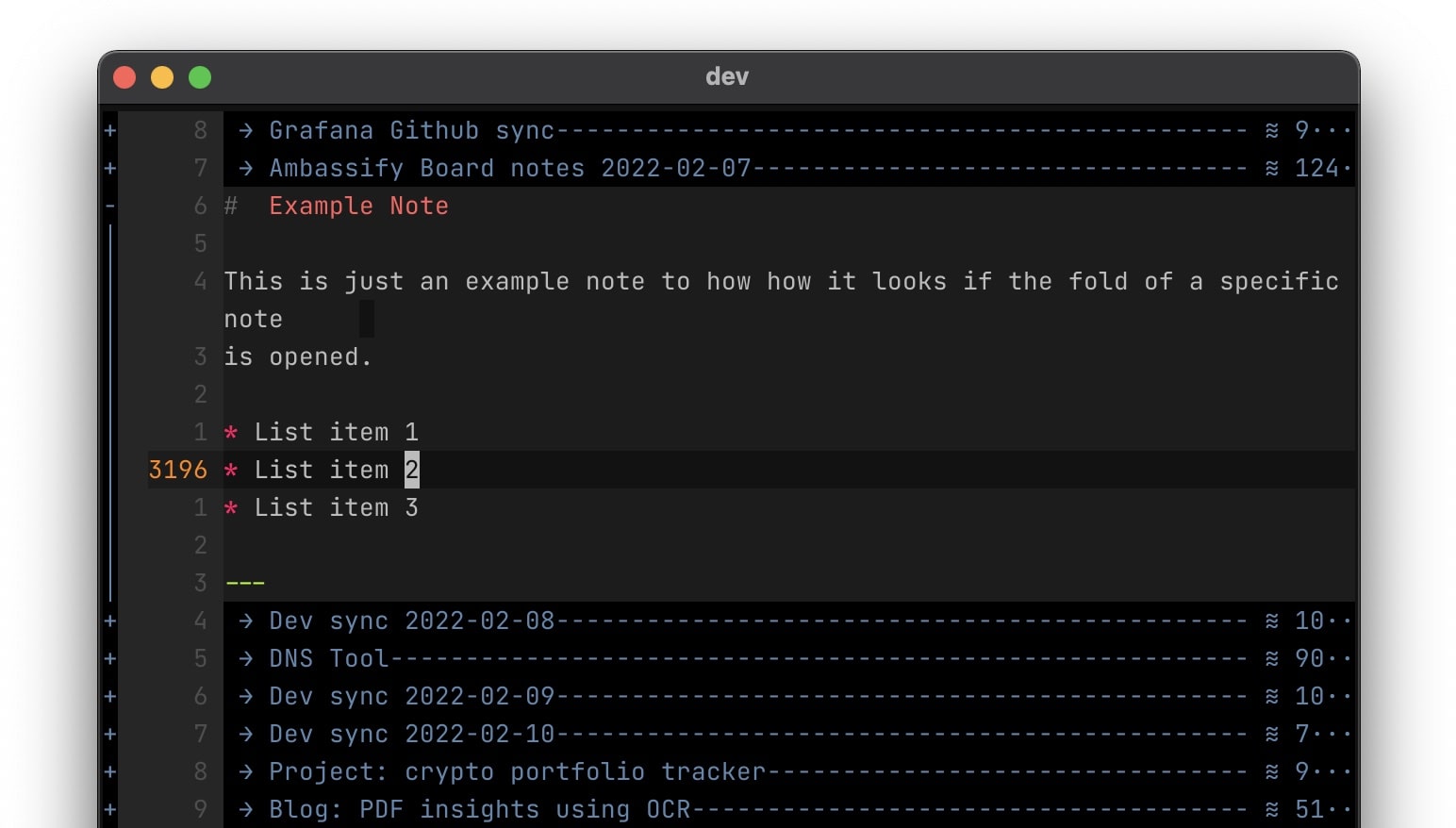 Example of folds in Vim